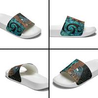 New Zealand Tui Bird Wahaika Slide Sandals Maori Weapon Paua Shell Koru Pattern