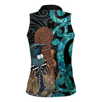 New Zealand Tui Bird Wahaika Women Sleeveless Polo Shirt Maori Weapon Paua Shell Koru Pattern