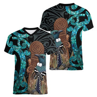 New Zealand Tui Bird Wahaika Women V-Neck T-Shirt Maori Weapon Paua Shell Koru Pattern