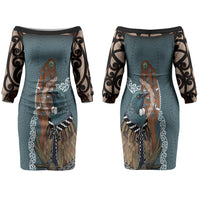 New Zealand Tui Bird Maripi Couples Matching Off The Shoulder Long Sleeve Dress and Long Sleeve Button Shirt Maori Weapon Kowhaiwhai Pattern