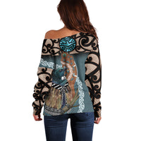 New Zealand Tui Bird Maripi Off Shoulder Sweater Maori Weapon Kowhaiwhai Pattern