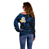 Personalised Molokai Hawaii Off Shoulder Sweater Polynesian Tattoo and Pacific Plumeria Blue Vibe LT9 - Polynesian Pride