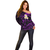 Personalised Molokai Hawaii Off Shoulder Sweater Polynesian Tattoo and Pacific Plumeria Purple Vibe LT9 - Polynesian Pride