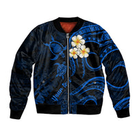 Personalised Lanai Hawaii Bomber Jacket Polynesian Tattoo and Pacific Plumeria Blue Vibe LT9 Unisex Blue - Polynesian Pride