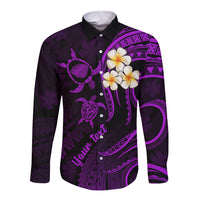Personalised Kauai Hawaii Long Sleeve Button Shirt Polynesian Tattoo and Pacific Plumeria Purple Vibe LT9 Unisex Purple - Polynesian Pride