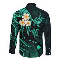 Personalised Kahoolawe Hawaii Long Sleeve Button Shirt Polynesian Tattoo and Pacific Plumeria Turquoise Vibe LT9 - Polynesian Pride