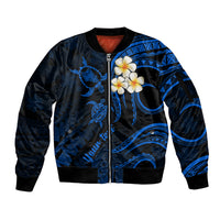 Personalised Oahu Hawaii Sleeve Zip Bomber Jacket Polynesian Tattoo and Pacific Plumeria Blue Vibe LT9 Unisex Blue - Polynesian Pride