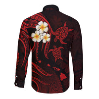 Personalised Oahu Hawaii Long Sleeve Button Shirt Polynesian Tattoo and Pacific Plumeria Red Vibe LT9 - Polynesian Pride