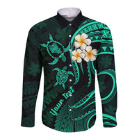 Personalised Oahu Hawaii Long Sleeve Button Shirt Polynesian Tattoo and Pacific Plumeria Turquoise Vibe LT9 Unisex Turquoise - Polynesian Pride