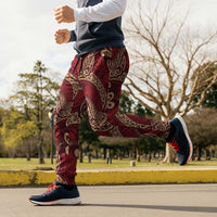 Luxury Red Monstera Jogger Pants Polynesian Tribal Pattern - Polynesian Pride