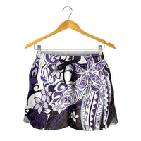 Monstera Plumeria Flowers Purple Shorts for Women Polynesian Pattern