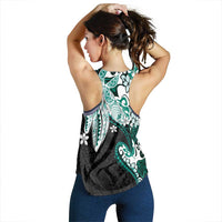 Monstera Plumeria Flowers Teal Women Racerback Tank Polynesian Pattern