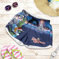 New Zealand Merry Christmas Shorts for Women Maori Tribal Pattern with Xmas Tui Bird LT03 Multicolor - Polynesian Pride