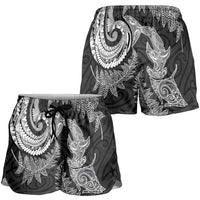 New Zealand Sea Animals with Maori Tribal Tattoo Shorts for Women Shark Manta Ray with Silver Fern Black LT03 - Polynesian Pride