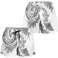 New Zealand Sea Animals with Maori Tribal Tattoo Shorts for Women Shark Manta Ray with Silver Fern White LT03 - Polynesian Pride