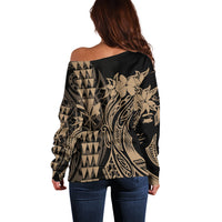 Hawaii Map Kanaka Polynesian Hula Girl Women's Off Shoulder Sweater Gold