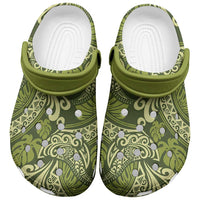 Olive Green Monstera Clogs Shoes Polynesian Tribal Pattern - Polynesian Pride