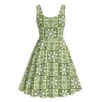 Omaomao Palaka Quilt Hawaii Midi Dress Hawaiian Tropical Monstera Sea Turtle