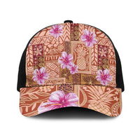 Orange Hawaii Hibiscus With Tropical Flowers Motifs Mesh Trucker Cap - Polynesian Pride