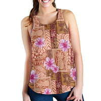 Orange Hawaii Hibiscus With Tropical Flowers Motifs Women Racerback Tank - Polynesian Pride