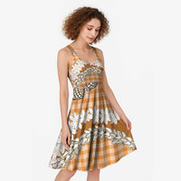 Orange Hawaii Tiare and Shell Lei Midi Dress Hawaiian Palaka Luxury Vibes - Polynesian Pride