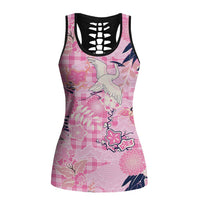 Pink Palaka Crane and Flowers Hollow Tank Top Japan Heritage Spirit - Polynesian Pride