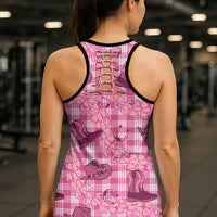 Pink Palaka Hawaii Cowboy Hollow Tank Top Puakenikeni Lei Paniolo Papale Seamless Vibes LT14 - Polynesian Pride