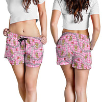 Pink Palaka Hawaii Mele Kalikimaka Shorts for Women Ohia Lehua Shell Leis Funny Gingerbread Santa LT14 - Polynesian Pride