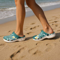 Plumeria With Teal Polynesian Tattoo Pattern Clogs Shoes - Polynesian Pride