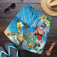 Polynesian Merry Christmas Shorts for Men Funny Santa with Sea Turtle on Beach and Plumeria - Polynesian Pride
