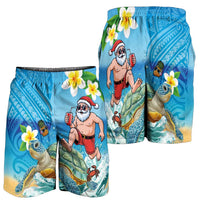 Polynesian Merry Christmas Shorts for Men Funny Santa with Sea Turtle on Beach and Plumeria LT03 - Polynesian Pride