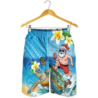 Polynesian Merry Christmas Shorts for Men Funny Santa with Sea Turtle on Beach and Plumeria - Polynesian Pride