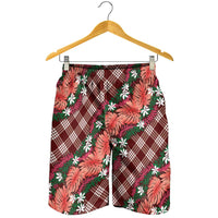 Polynesian Monstera Tiare Floral Shorts for Men Burgundy Tropical Plaid - Polynesian Pride