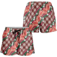 Polynesian Monstera Tiare Floral Shorts for Women Burgundy Tropical Plaid - Polynesian Pride