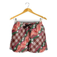 Polynesian Monstera Tiare Floral Shorts for Women Burgundy Tropical Plaid - Polynesian Pride