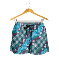 Polynesian Monstera Tiare Floral Shorts for Women Dark Teal Tropical Plaid - Polynesian Pride