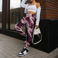 Puakenikeni Maile Lei Jogger Pants Frangipani Pink Tropical Leaves