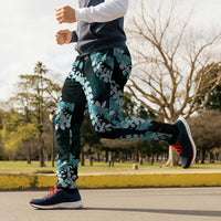 Puakenikeni Maile Lei Jogger Pants Frangipani Turquoise Tropical Leaves