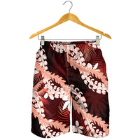 Puakenikeni Maile Lei Shorts for Men Frangipani Red Tropical Leaves