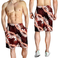 Puakenikeni Maile Lei Shorts for Men Frangipani Red Tropical Leaves