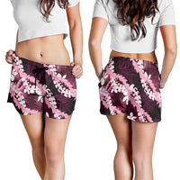 Puakenikeni Maile Lei Shorts for Women Frangipani Pink Tropical Leaves
