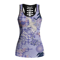 Purple Palaka Crane and Flowers Hollow Tank Top Japan Heritage Spirit - Polynesian Pride