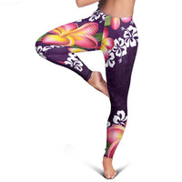 Purple Polynesia Leggings Plumeria With Hibiscus Pattern Tropical Vibes - Polynesian Pride