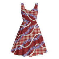 Red Hawaii Palaka Honohono Pikake Midi Dress Hawaiian Orchid Lei Polynesian Pattern - Polynesian Pride