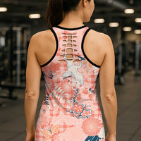 Red Palaka Crane and Flowers Hollow Tank Top Japan Heritage Spirit - Polynesian Pride