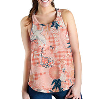 Red Palaka Crane and Flowers Women Racerback Tank Japan Heritage Spirit - Polynesian Pride