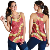 Red Palaka Hawaii Mele Kalikimaka Women Racerback Tank Ohia Lehua Monstera Puakenikeni Lei - Polynesian Pride