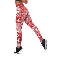Red Tonga Kilisimasi Fiefia Leggings Pacific Patchwork Xmas Vibes - Polynesian Pride