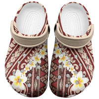 Red Vintage Tonga Ngatu Pattern With Plumeria Clogs Shoes - Polynesian Pride