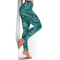 Teal Monstera Leggings Polynesian Tribal Pattern - Polynesian Pride